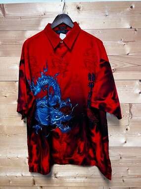 Vintage MT:2 Y2K Cyber Goth Red Flame Blue Dragon Button Up Shirt XL